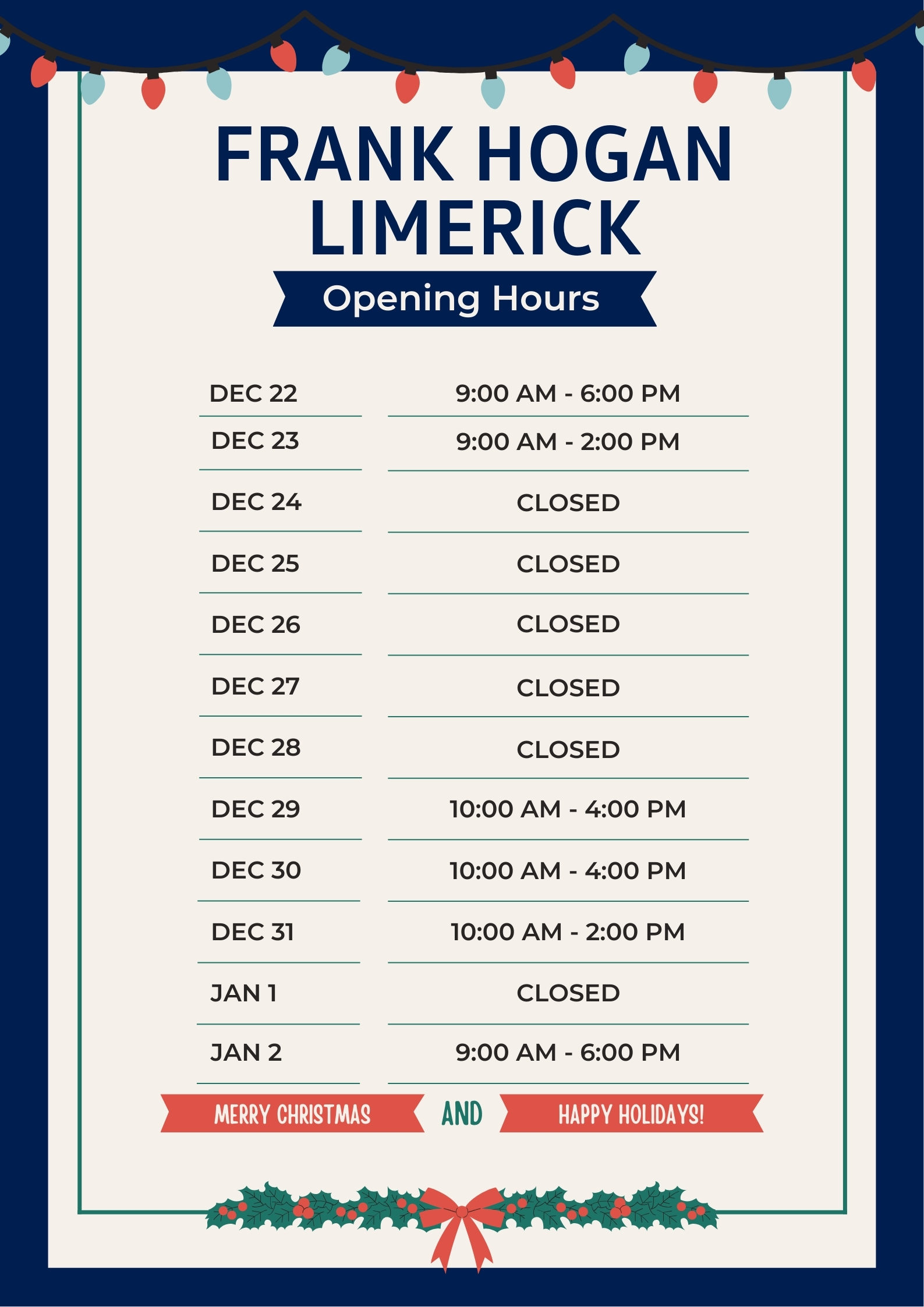 Frank Hogan Limerick Christmas Opening Hours 2025
